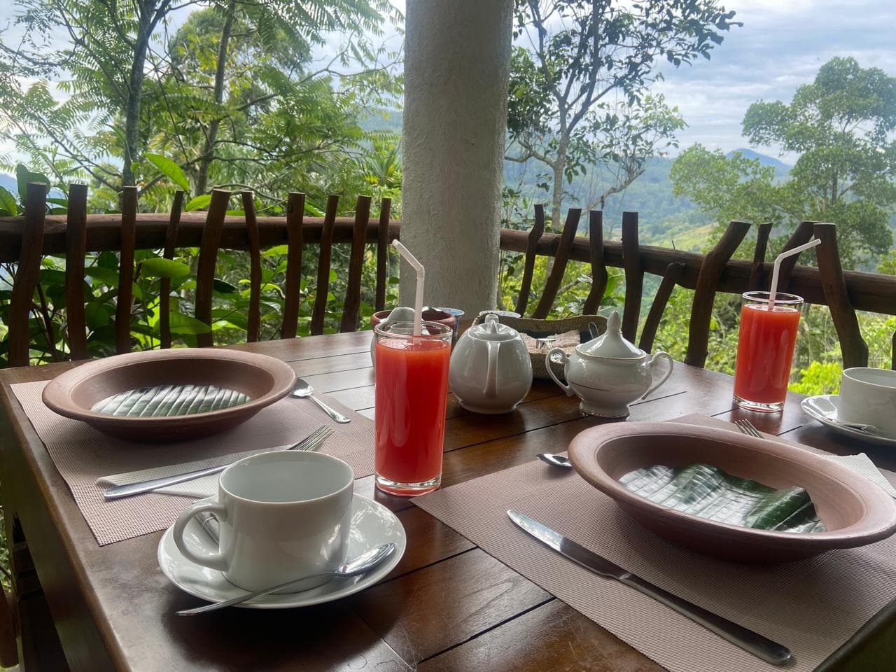 Breakfast and fresh juice with a mountain view