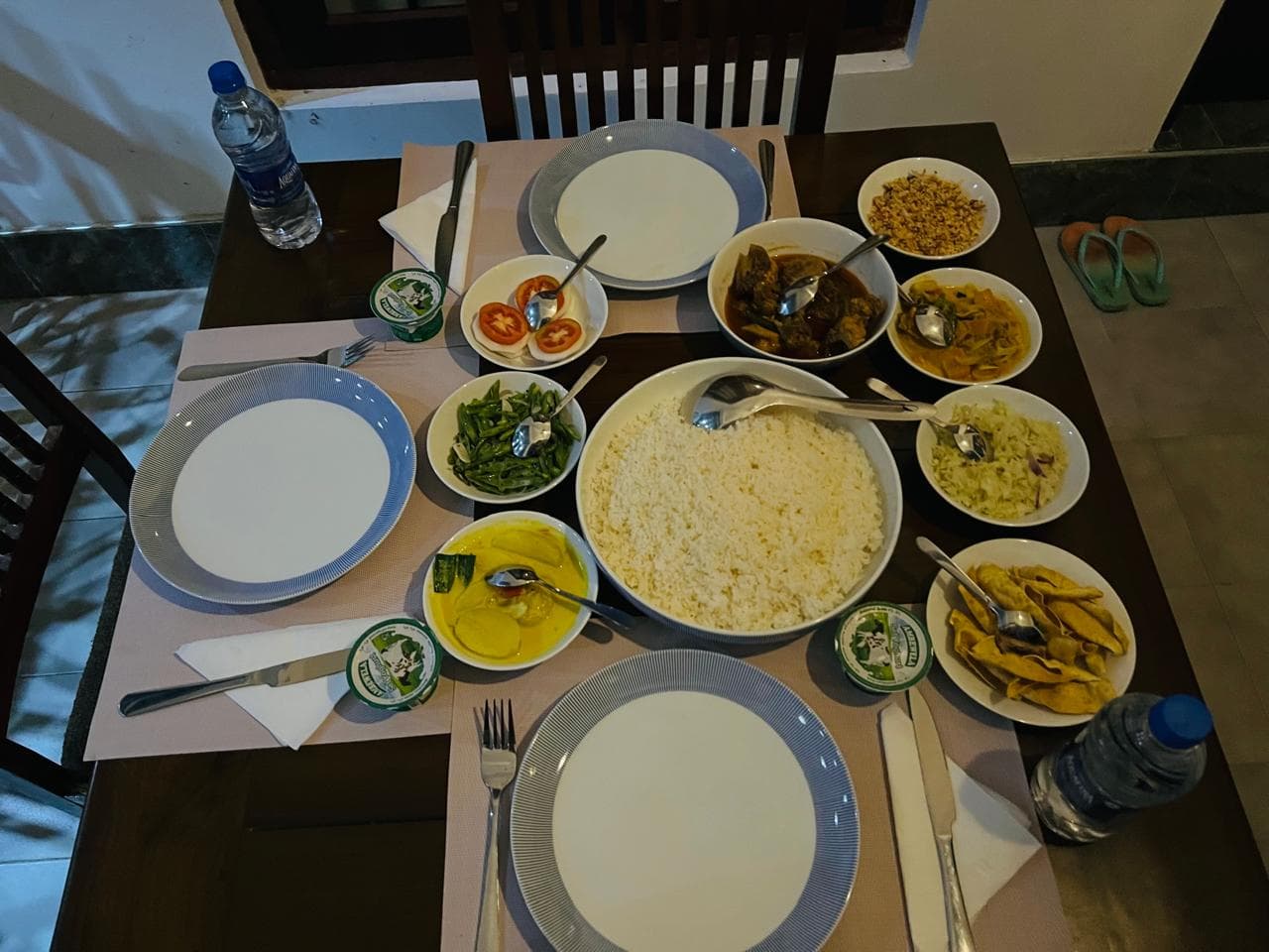 Home-cooked Sri Lankan rice and curry spread